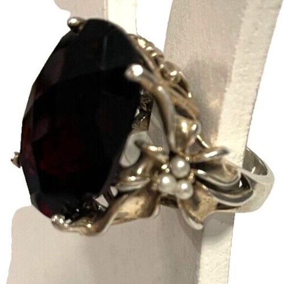 Vintage 925 Silver 22 X 17mm Lab Ruby size 7.5 ring 13.7gm faux seed pearls bows - Picture 4 of 13